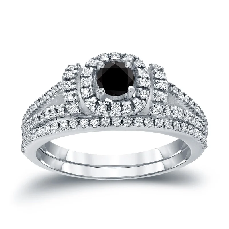 Ladies modern engagement rings-Auriya Modern 3/4ctw Round Halo Black Diamond Engagement Ring Set 14kt Gold