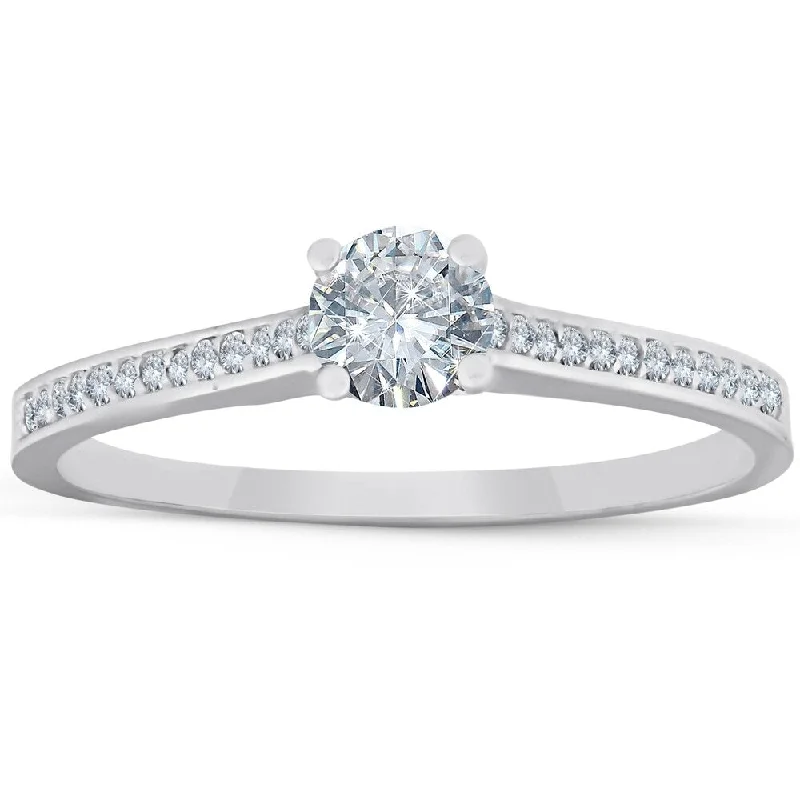 Ladies platinum engagement rings-1/2 Ct Diamond Engagement Ring with Side Stones 14k White Gold