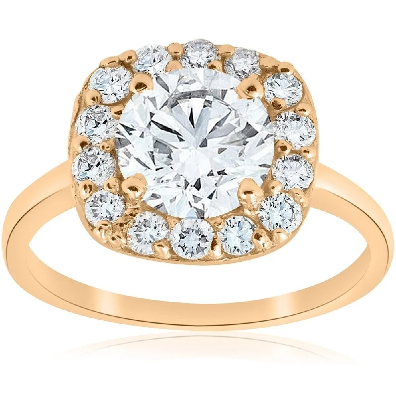 Ladies rose gold solitaire engagement rings-Pompeii3 14k Yellow Gold 2 ct TDW Diamond Clarity Enhanced Cushion Halo Engagement Ring - White