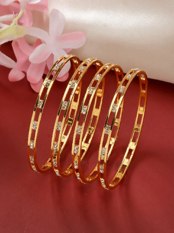 Ladies polished bangle-NVR Women's Set of 4 Gold-Plated CZ Stone-Studded Bangles