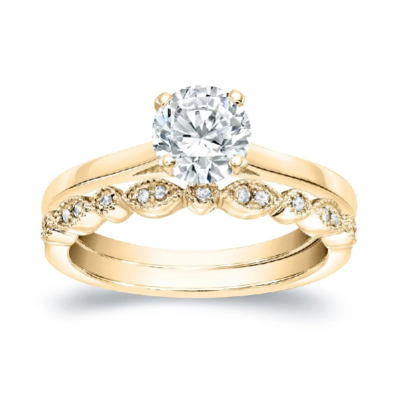 Ladies engagement rings with pave diamonds-Auriya 14k Gold 1ctw Vintage Round Solitaire Diamond Engagement Ring Set