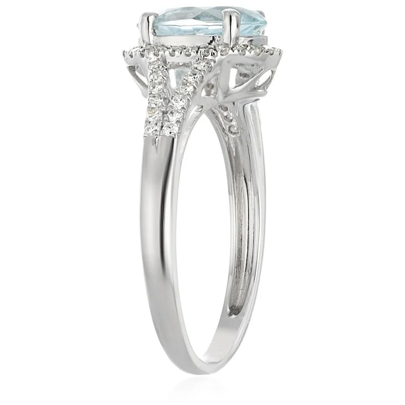 Ladies rose gold engagement rings-10k White Gold Aquamarine Diamond Halo Oval Engagement Ring, Size 7 - Blue