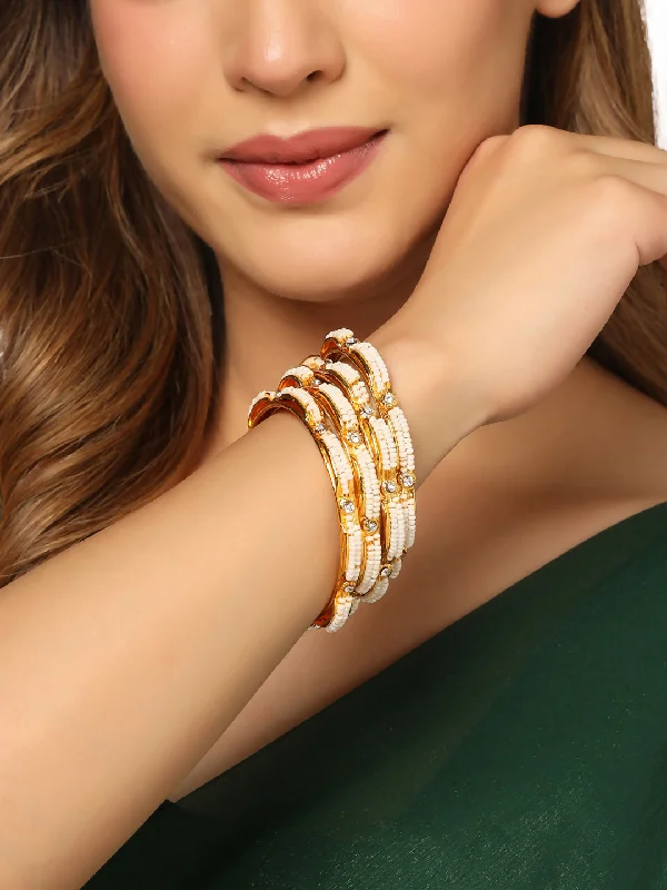 Ladies rose gold bangle-NVR Women's Set of 4 Gold-Plated Traditional Pearls Beaded Bangles