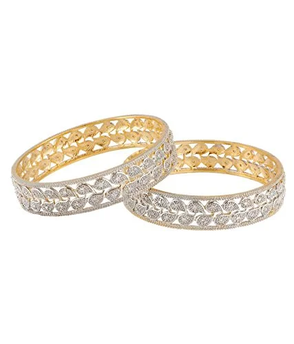 Ladies stretch bangles-Gold-Plated Alloy Broad Leaf Design American Diamond Bangles - The Pari