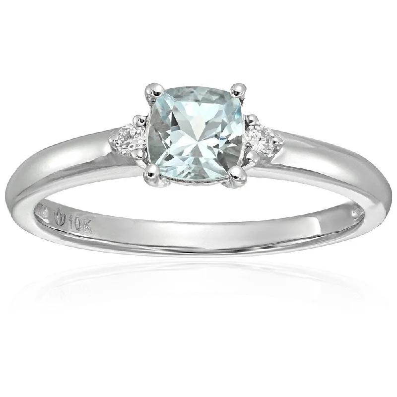 Ladies cushion cut halo engagement rings-10k White Gold Aquamarine Diamond Accent Classic Engagement Ring, Sz 7 - Blue