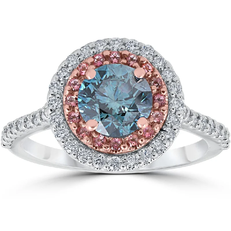 Ladies classic engagement rings-14k White & Rose Gold 1 5/8 ct TDW Blue & White Diamond Pink Topaz Double Halo Engagement Ring