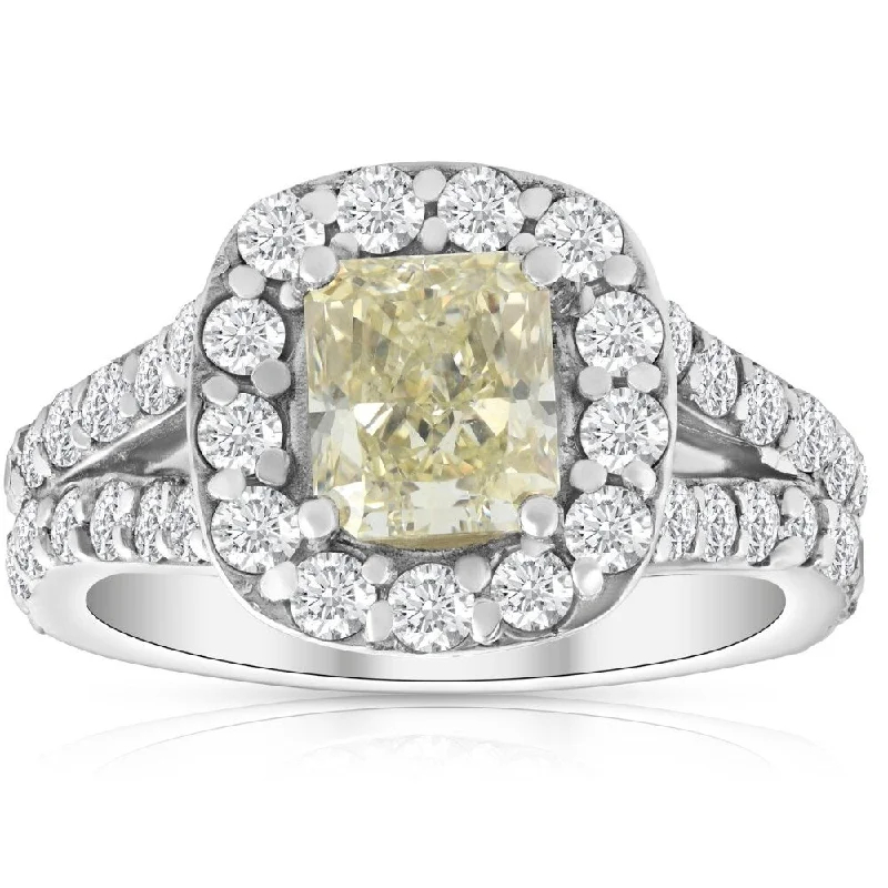 Ladies two-tone engagement rings-3 3/4Ct Fancy Yellow Cushion Diamond Halo Engagement Ring 10k White Gold