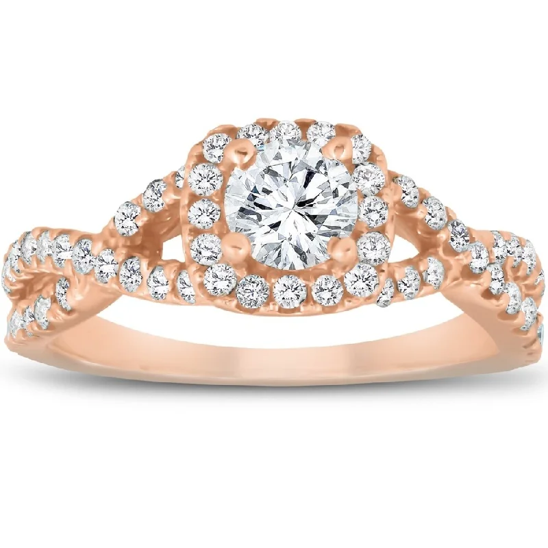 Ladies engagement rings with accent diamonds-14k Rose Gold 1 Ct TDW Round Diamond Cushion Halo Engagement Ring