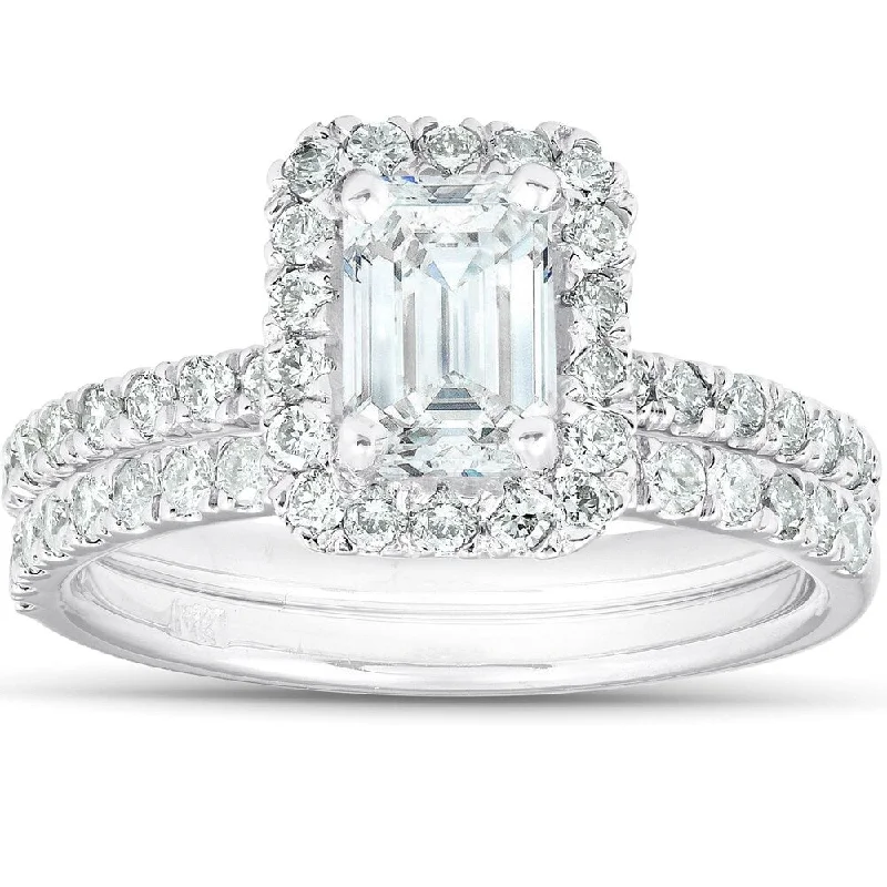 Ladies rose gold halo engagement rings-1 3/4 Ct Emerald Cut Diamond Halo Engagement Wedding Ring Set 14k White Gold