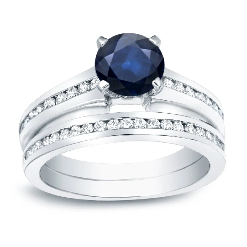 Ladies cushion halo engagement rings-Auriya 14k Gold 1/2ct Blue Sapphire & Diamond Engagement Ring Set 1/2ctw