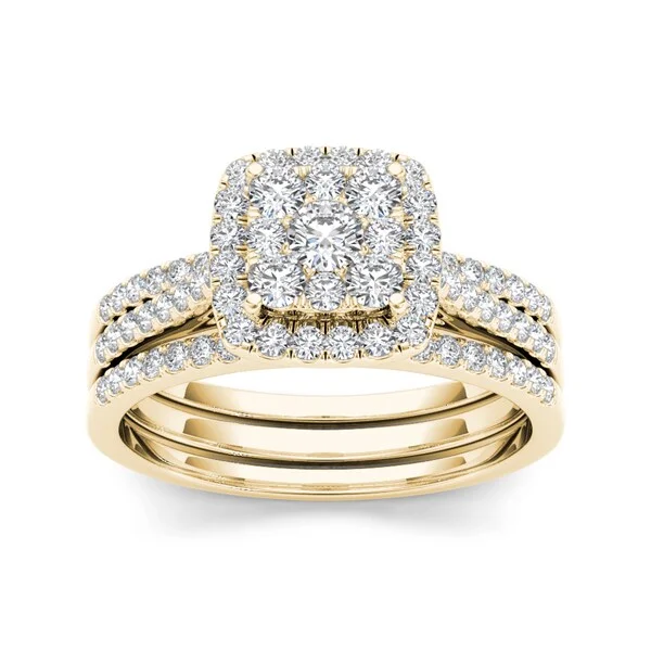 Ladies engagement rings with heart-shaped diamonds-De Couer IGI Certified 10k Yellow Gold 1ct TDW Diamond Cluster Engagement Ring Set with Two Bands