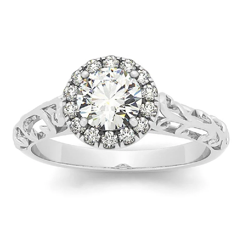 Ladies engagement rings with floral designs-14k White Gold 5/8ct TDW Vintage-style Diamond Filigree Engagement Ring