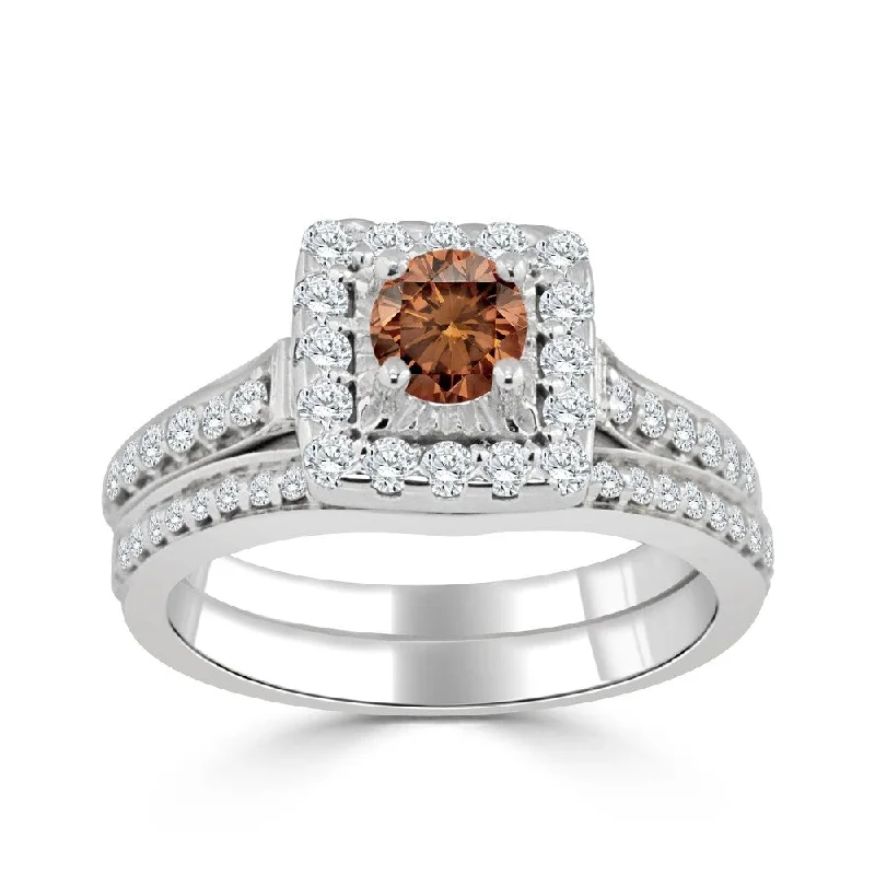 Ladies gold engagement rings-14k Gold Round 1ct TDW Brown Diamond Halo Engagement Ring Set by Auriya