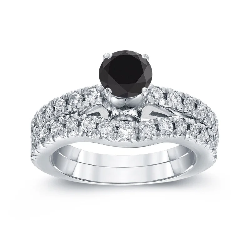 Ladies engagement rings with pave diamonds-Auriya Modern 1 3/4ct TDW Round Black Diamond Engagement Ring Set 14k White Gold