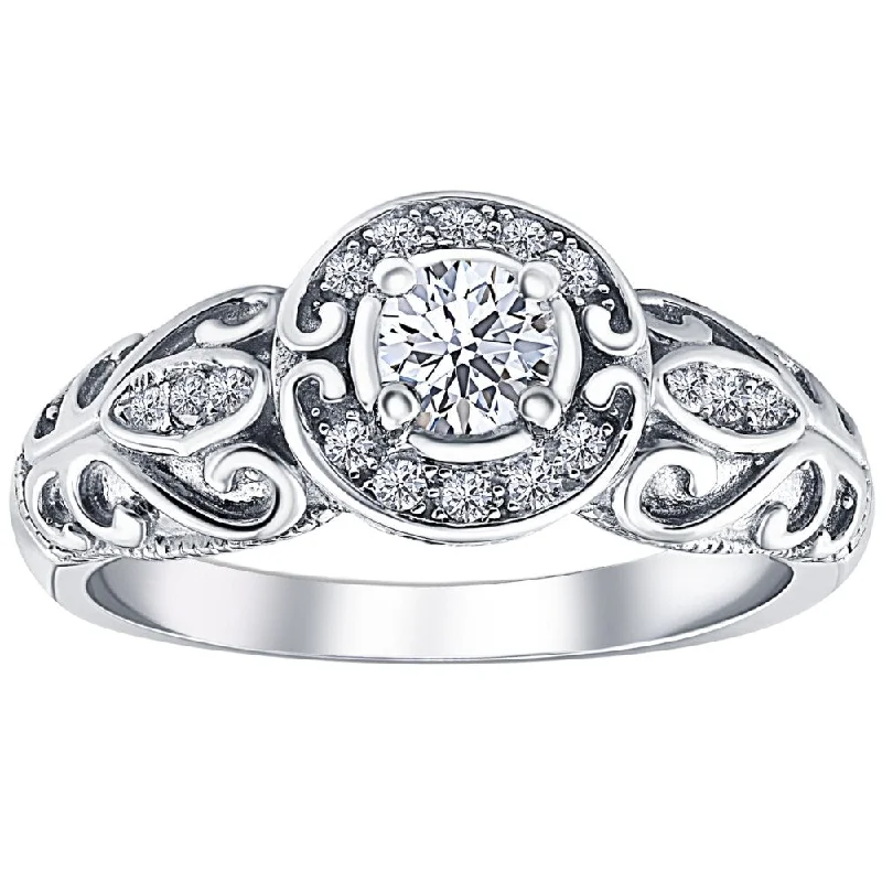 Ladies bridal engagement rings-1/2ct Vintage Diamond Engagement Halo Ring 10K White Gold