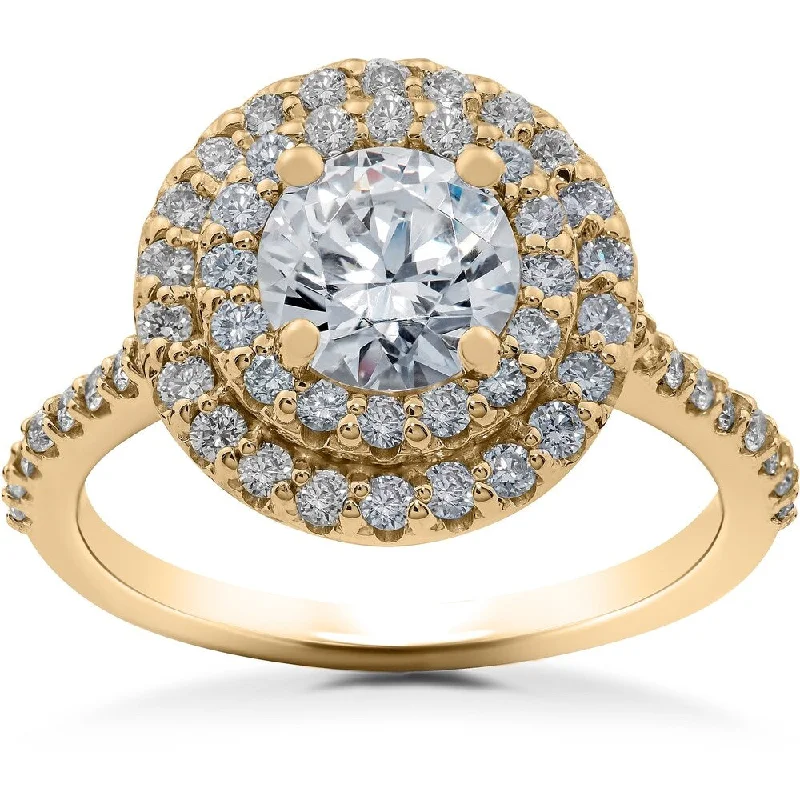 Ladies diamond and sapphire engagement rings-1 ct Double Halo Diamond Lab Created Engagement Ring 14k Yellow Gold