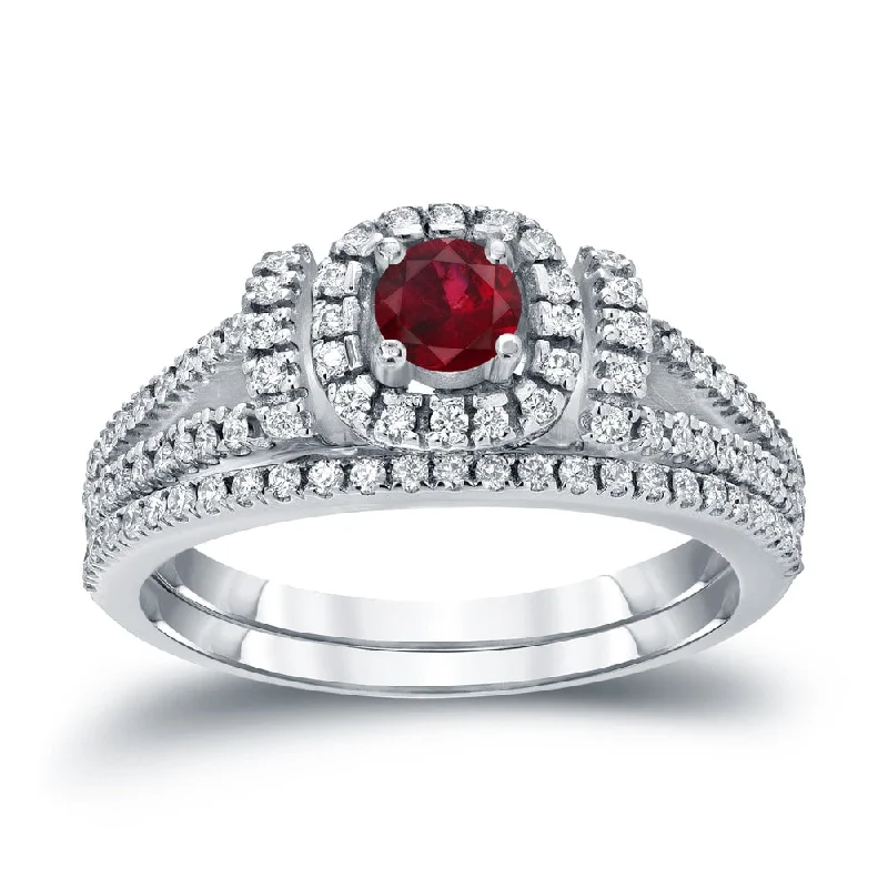 Ladies antique style engagement rings-Auriya Modern 1/5ct Red Ruby and 1/2ctw Halo Diamond Engagement Ring Set 14kt Gold