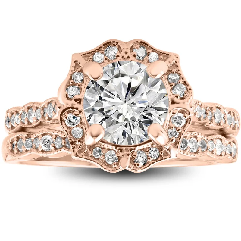 Ladies rose gold halo engagement rings-14k Rose Gold 2 cttw Diamond Clarity Enhanced Halo Vintage Engagement Ring & Wedding Band - White