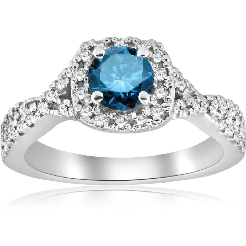 Ladies simple engagement rings-Pompeii3 14K White Gold 1 ct TDW Blue Diamond Cushion Halo Engagement Ring