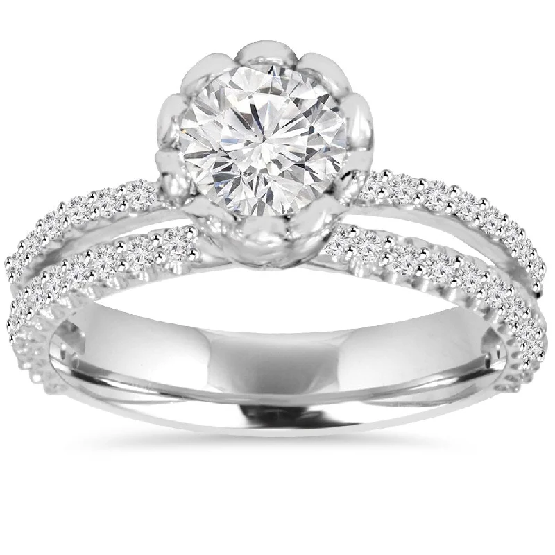 Ladies designer engagement rings-14k White Gold 1 1/2 ct TDW Diamond Unique Round Engagement Wedding Ring