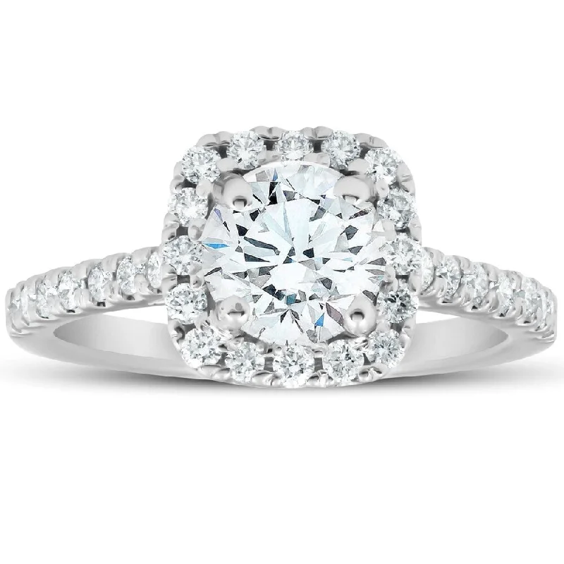 Ladies round diamond engagement rings-1.75 Ct Cushion Halo Diamond Engagement Ring 14k White Gold