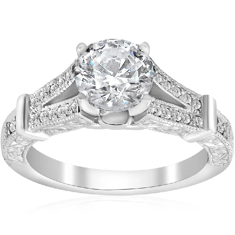 Ladies engagement rings with vintage diamonds-14K White Gold 1 3/4 ct TDW Diamond Clarity Enhanced Vintage Engagement Antique Style Ring