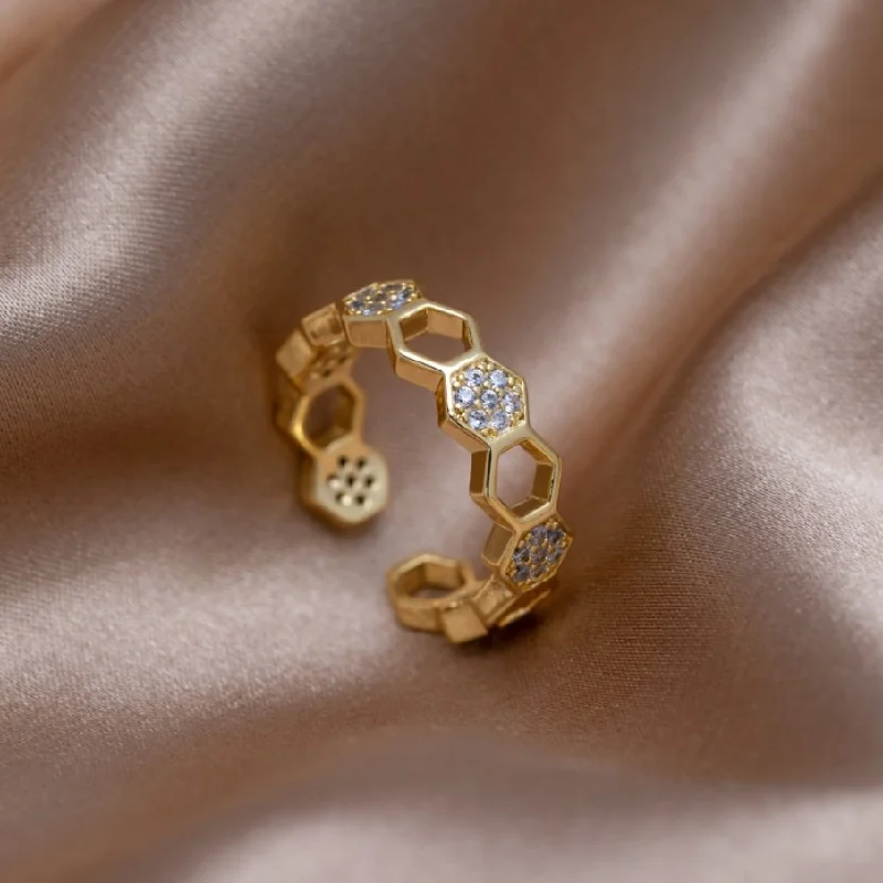 Ladies men’s and women’s matching rings-Gold & Crystal Honeycomb Ring