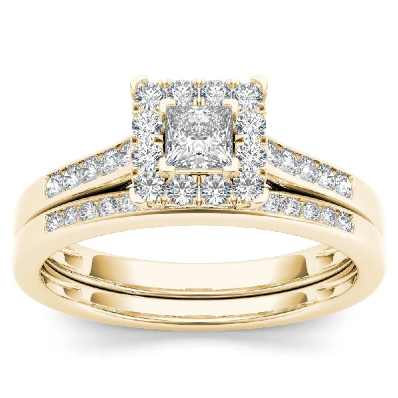 Ladies classic engagement rings-De Couer 10k Yellow Gold 1/2ct TDW Diamond Halo Engagement Ring Set with One Band