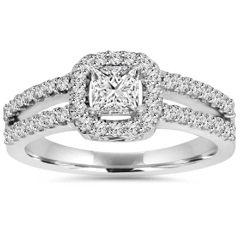 Ladies mixed metal engagement rings-14k White Gold 1 ct TDW Princess-cut Diamond Halo Split Shank Engagement Ring