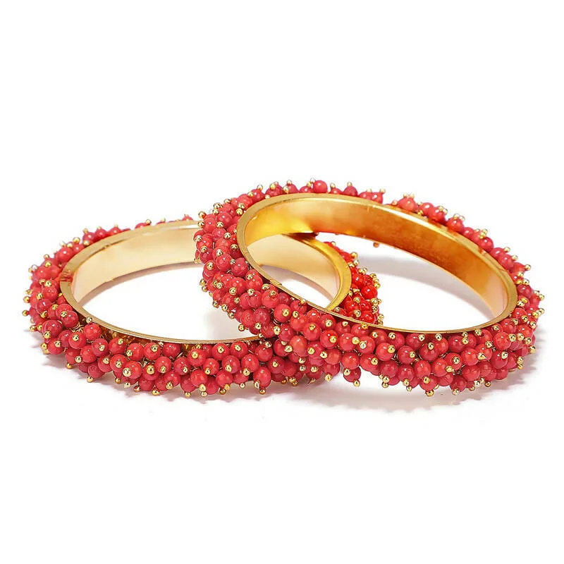 Ladies chunky bracelet-Mominos Fashion Joharkamal Gold-Plated Red Beads Work Bangles