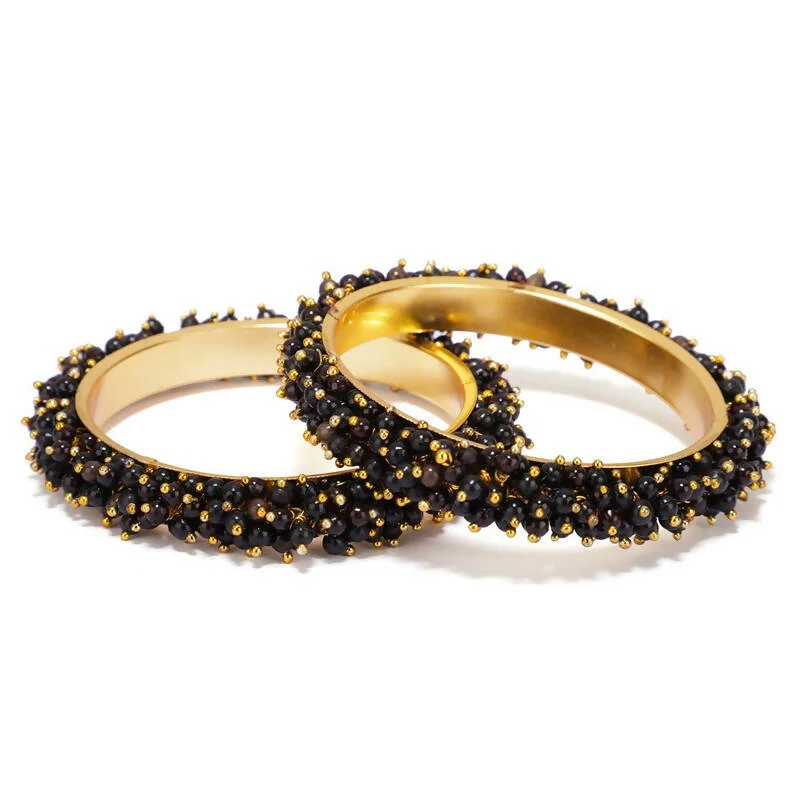 Ladies large bangle bracelet-Mominos Fashion Joharkamal Gold-Plated Black Beads Work Bangles