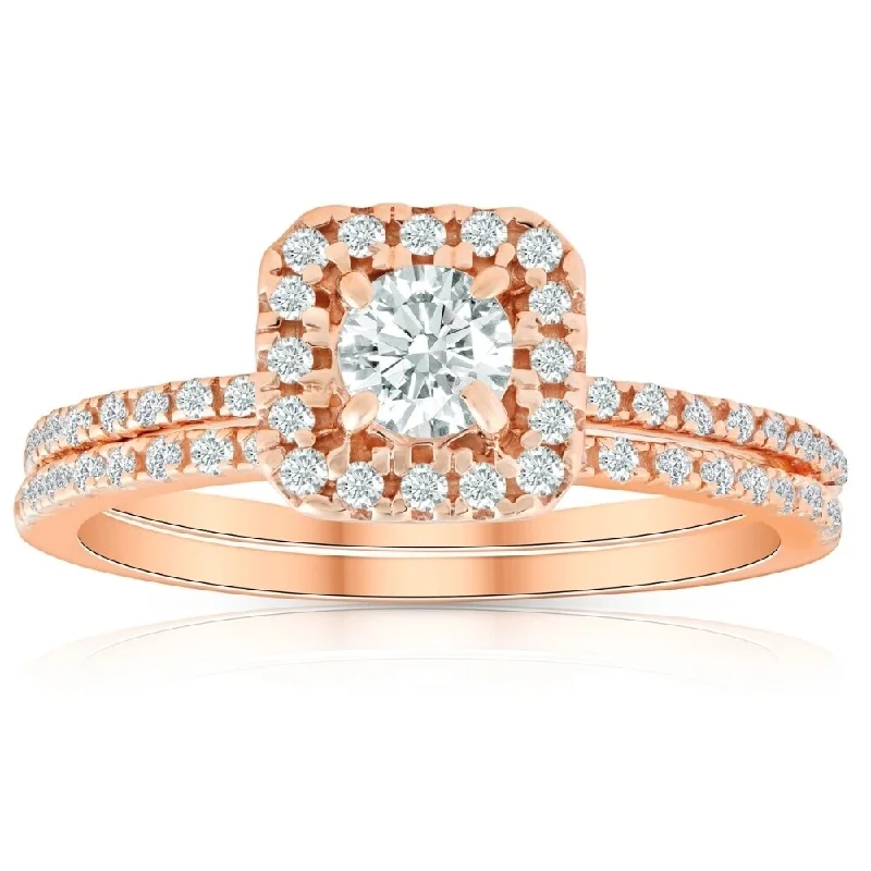 Ladies engagement rings with vintage diamonds-5/8 Ct TDW Diamond Cushion Halo Engagement Wedding Ring Set Rose Gold