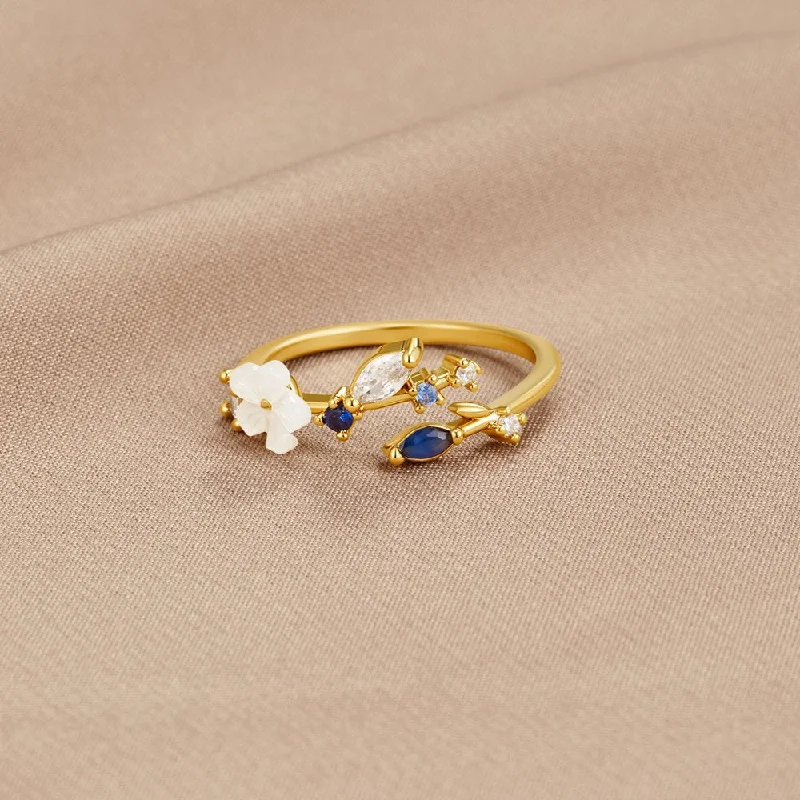 Ladies sapphire and diamond ring-Crystal White Blossom Blue Ring