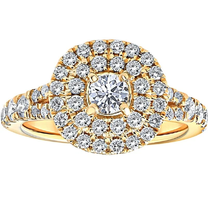 Ladies two-stone engagement rings-1 Ct TW Diamond Cushion Halo Engagement Ring in Yellow Gold