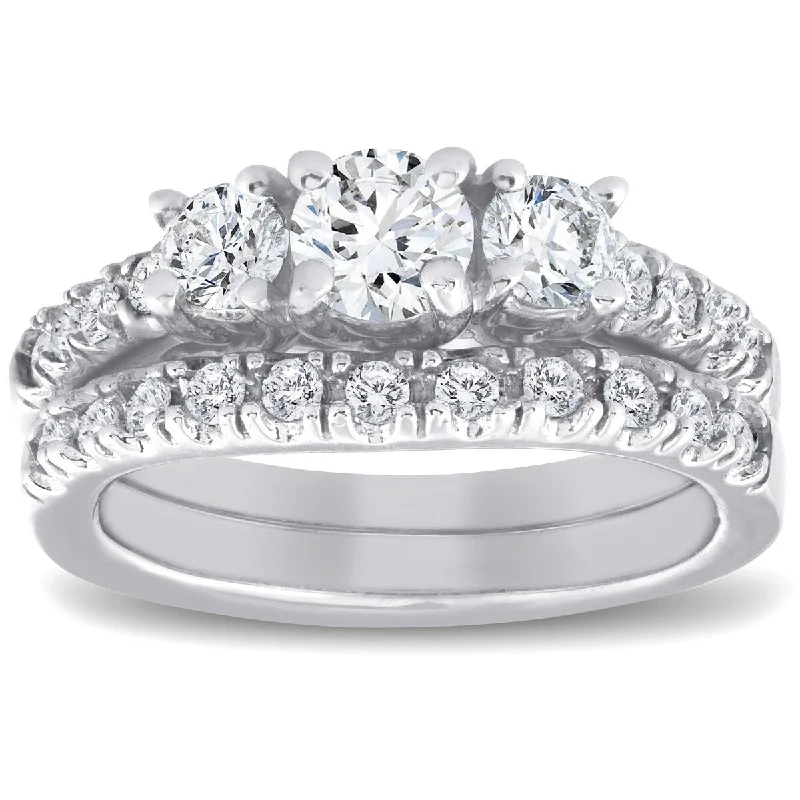 Ladies cushion halo engagement rings-1 1/2 ct 3-Stone Diamond Engagement Ring Matching Wedding Band Set White Gold