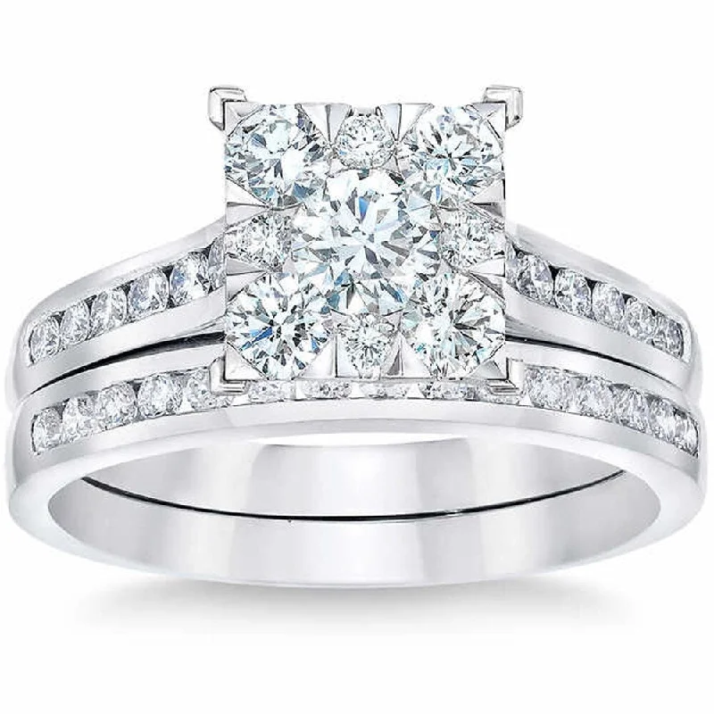 Ladies mixed metal engagement rings-Pompeii3 10k White Gold 2 CT Diamond Engagement Wedding Ring Set Princess Cut Square Framed