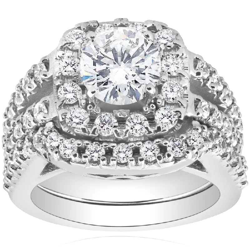 Ladies platinum engagement rings-Pompeii3 14k White Gold 2 3/8ct TDW Cushion Halo Diamond Engagement Ring Matching Guard Wedding Band Set Clarity Enhanced