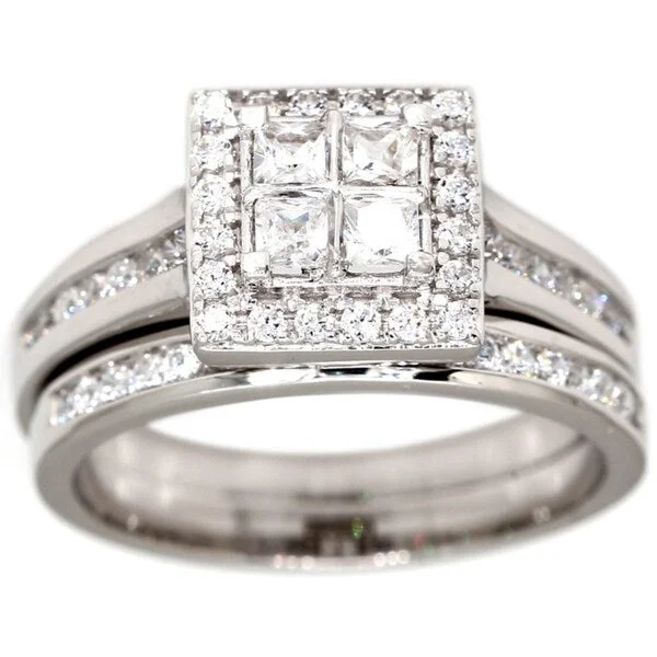 Ladies mixed metal engagement rings-Pompeii3 10k White Gold 1ct TDW Princess Cut Diamond Halo Engagement Ring Wedding Band Set