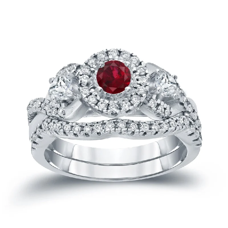 Ladies cushion cut engagement rings-14k Gold 1/5ct Ruby and 3/5ct TDW Diamond Braided Infinity Engagement Ring Set