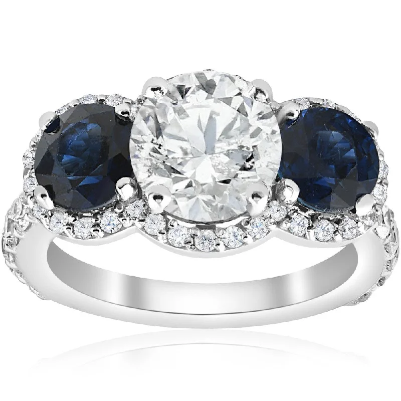 Ladies vintage engagement rings-14k White Gold 3 3/8 ct TW Blue Sapphire & Diamond Clarity Enhanced Three Stone Engagement Ring (H-I, I1-I2)