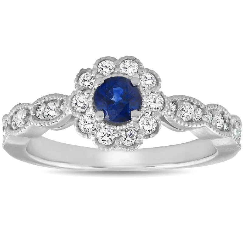 Ladies cushion halo engagement rings-Pompeii3 14k White Gold 5/8 Ct TW Genuine Blue Sapphire & Diamond Halo Engagement Anniversary Ring