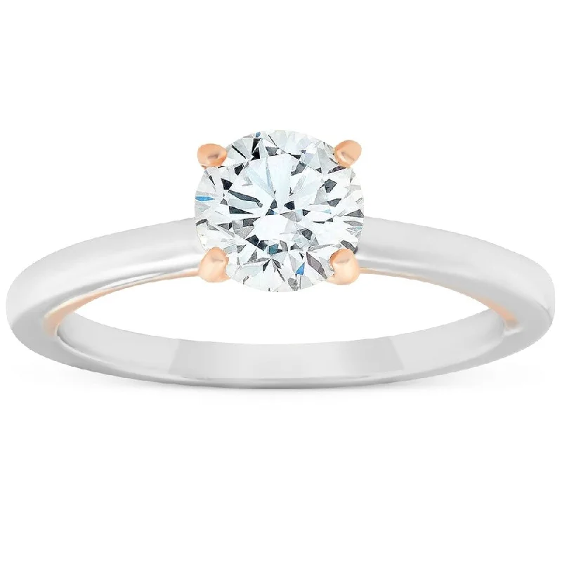 Ladies emerald engagement rings-Pompeii3 14k White & Rose Gold 1 Ct Diamond Solitaire Two Tone Engagement Ring Enhanced