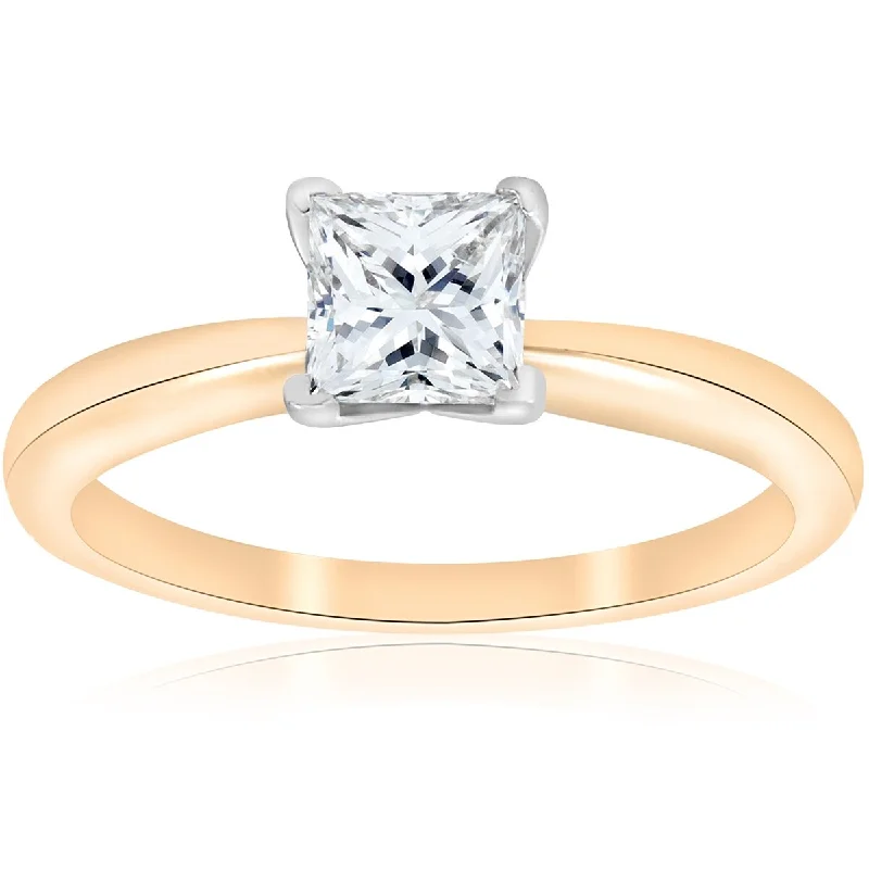 Ladies three-stone engagement rings-E VS 1ct GIA Certifed Princess Cut Solitaire Diamond Engagement Ring Yellow Gold