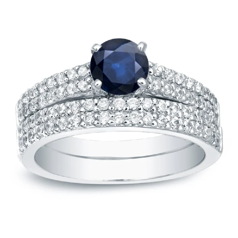 Ladies round halo engagement rings-Auriya 14k Gold Round 3/4ct Sapphire and 3/4ctw Pave Diamond Engagement Ring Set