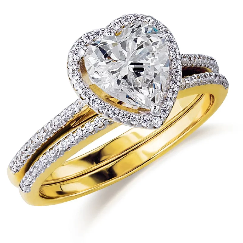 Ladies diamond wedding band-Halo Heart Ring Set