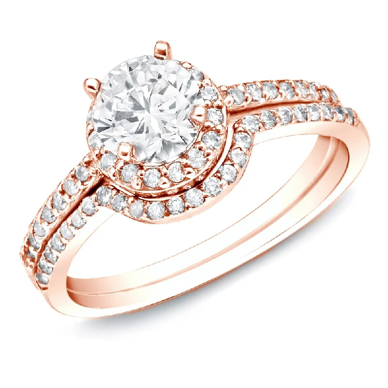 Ladies emerald engagement rings with diamonds-Auriya 14k Rose Gold 1ctw Round Halo Diamond Engagement Ring Set