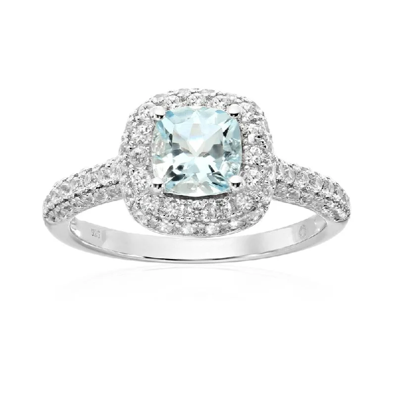 Ladies engagement rings with heart-shaped diamonds-Sterling Silver Aquamarine Cushion Halo Engagement Ring