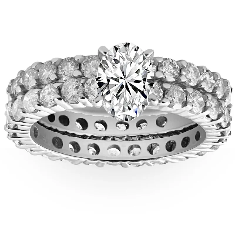 Ladies halo engagement rings-4Ct Oval Diamond Eternity Engagement Wedding Ring Set White Gold Lab Grown