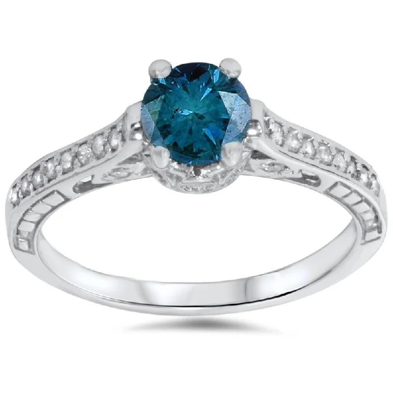 Ladies yellow gold engagement rings-1 1/4ct Vintage Treatd Blue Diamond Engagement Ring White Gold Round Solitaire