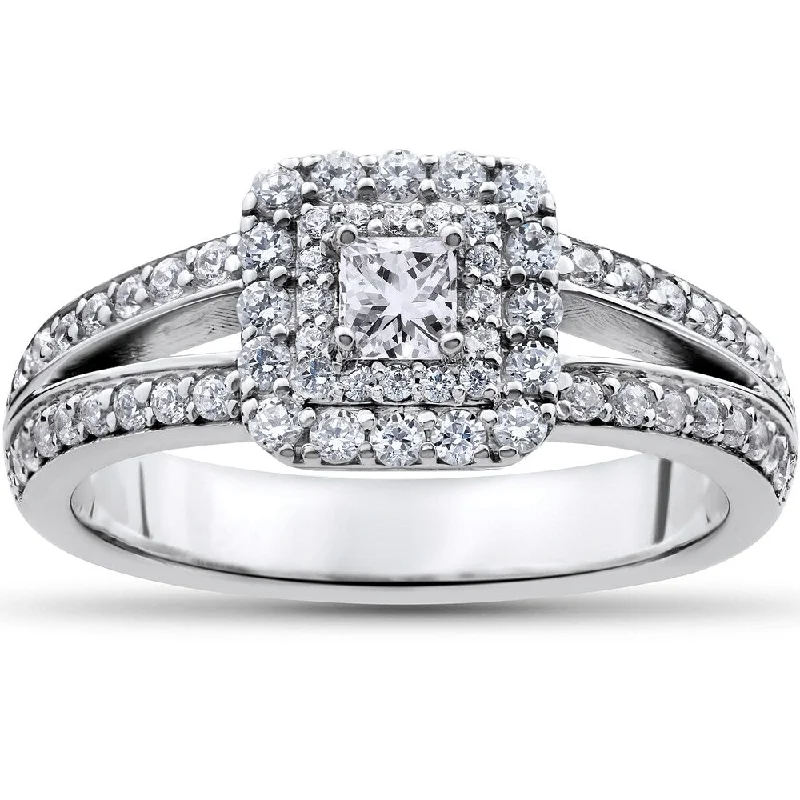 Ladies engagement rings with diamonds-14k White Gold 1ct TDW Princess-cut Diamond Double Halo Engagement Ring